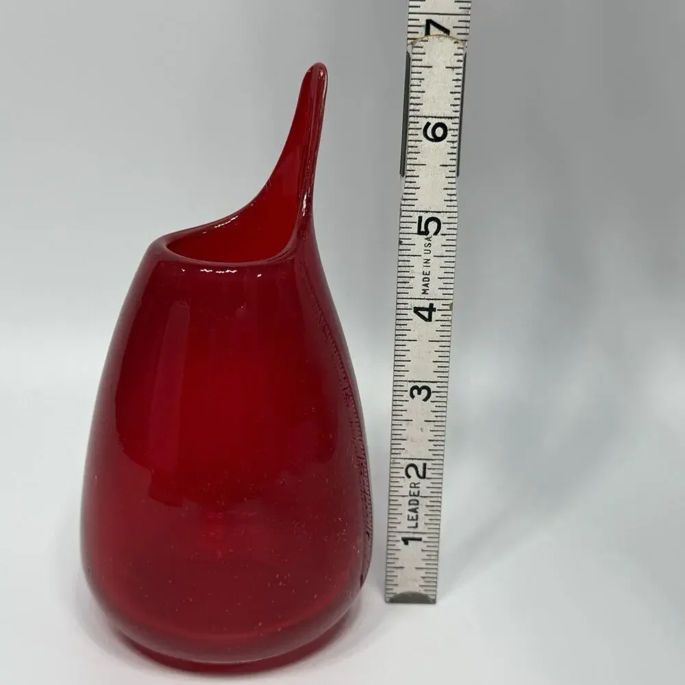 Vtg Red Seeded Art Glass Swung Finger Pitcher Vase Hand Blown 7
